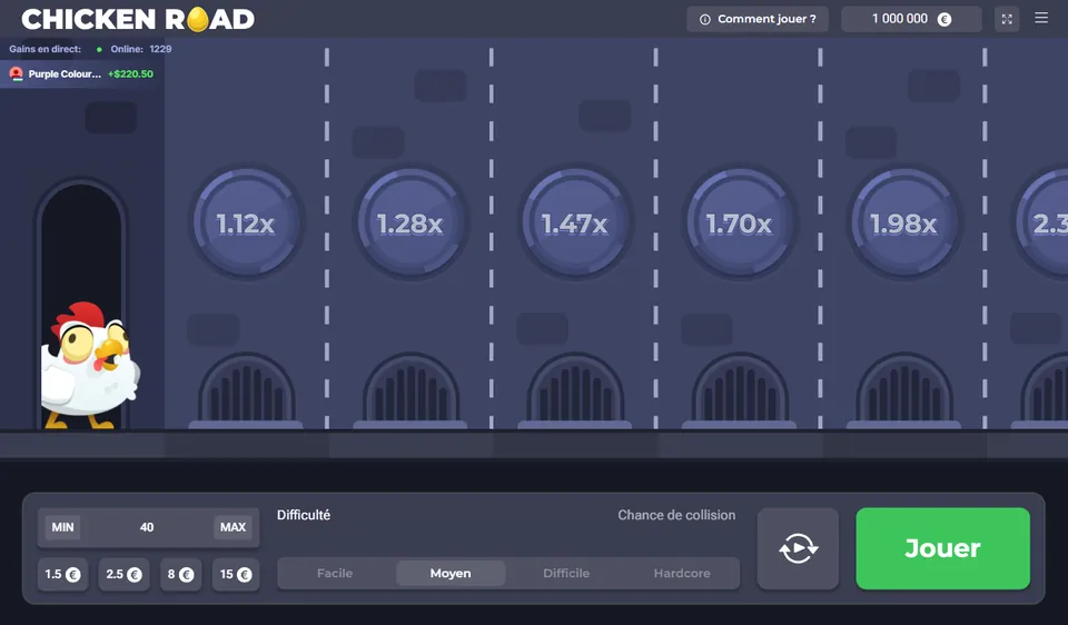 Chicken Road 1 : voies bleu nuit, grilles et plaques de multiplicateurs