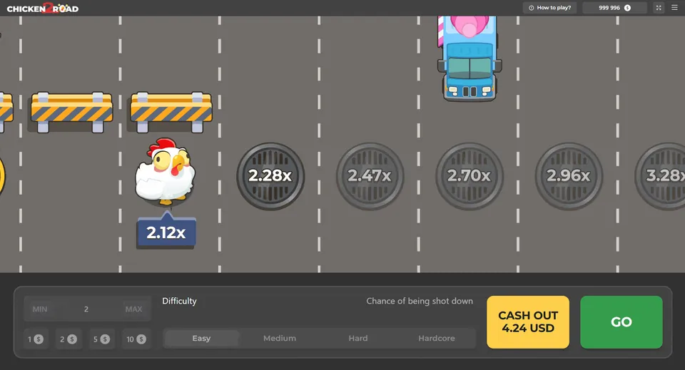Chicken Road 2 : la poule progresse entre les barrières, un camion arrive