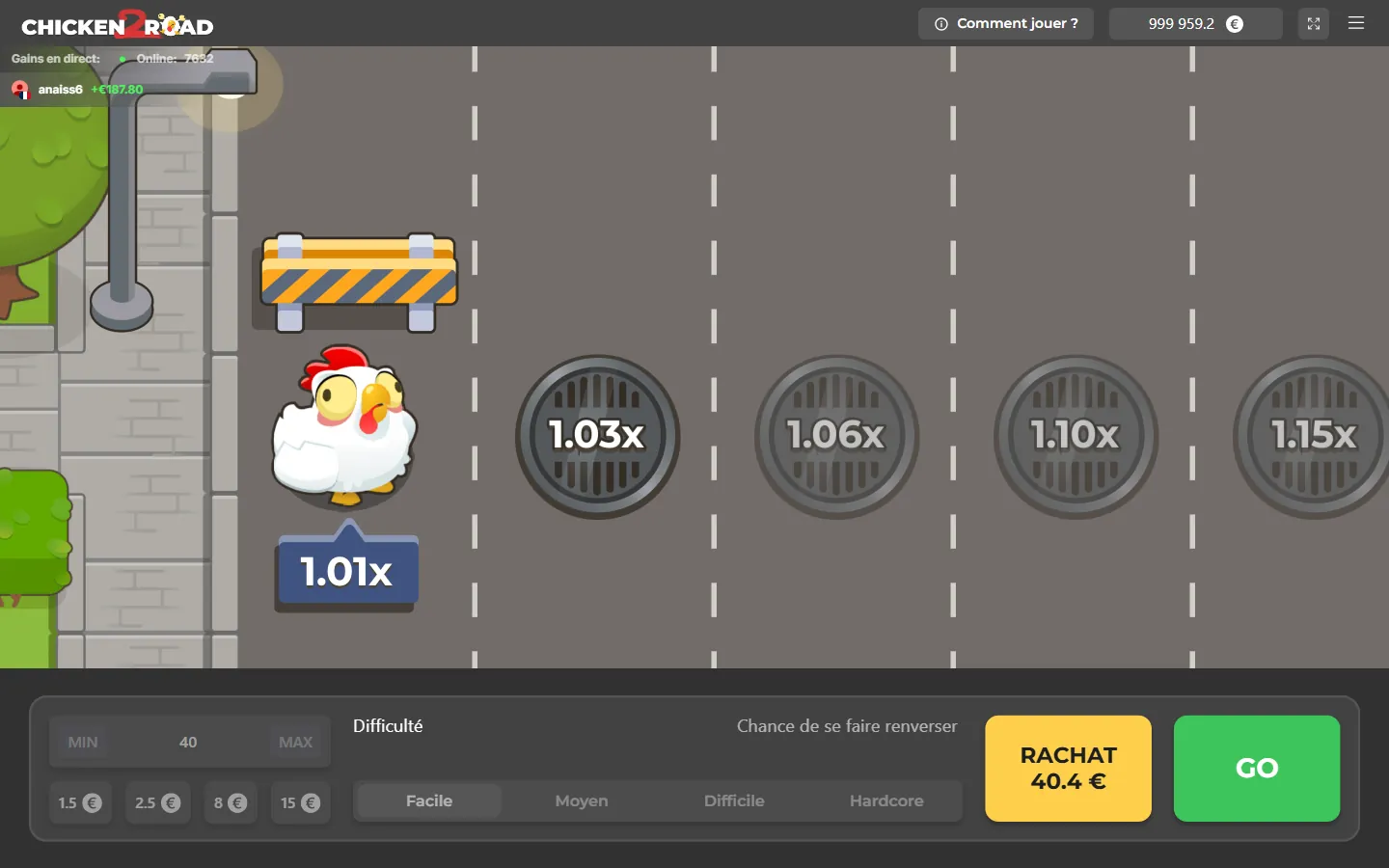 Partie de Chicken Road 2 en cours dans la démo : multiplicateur 1,01x, boutons Rachat et GO