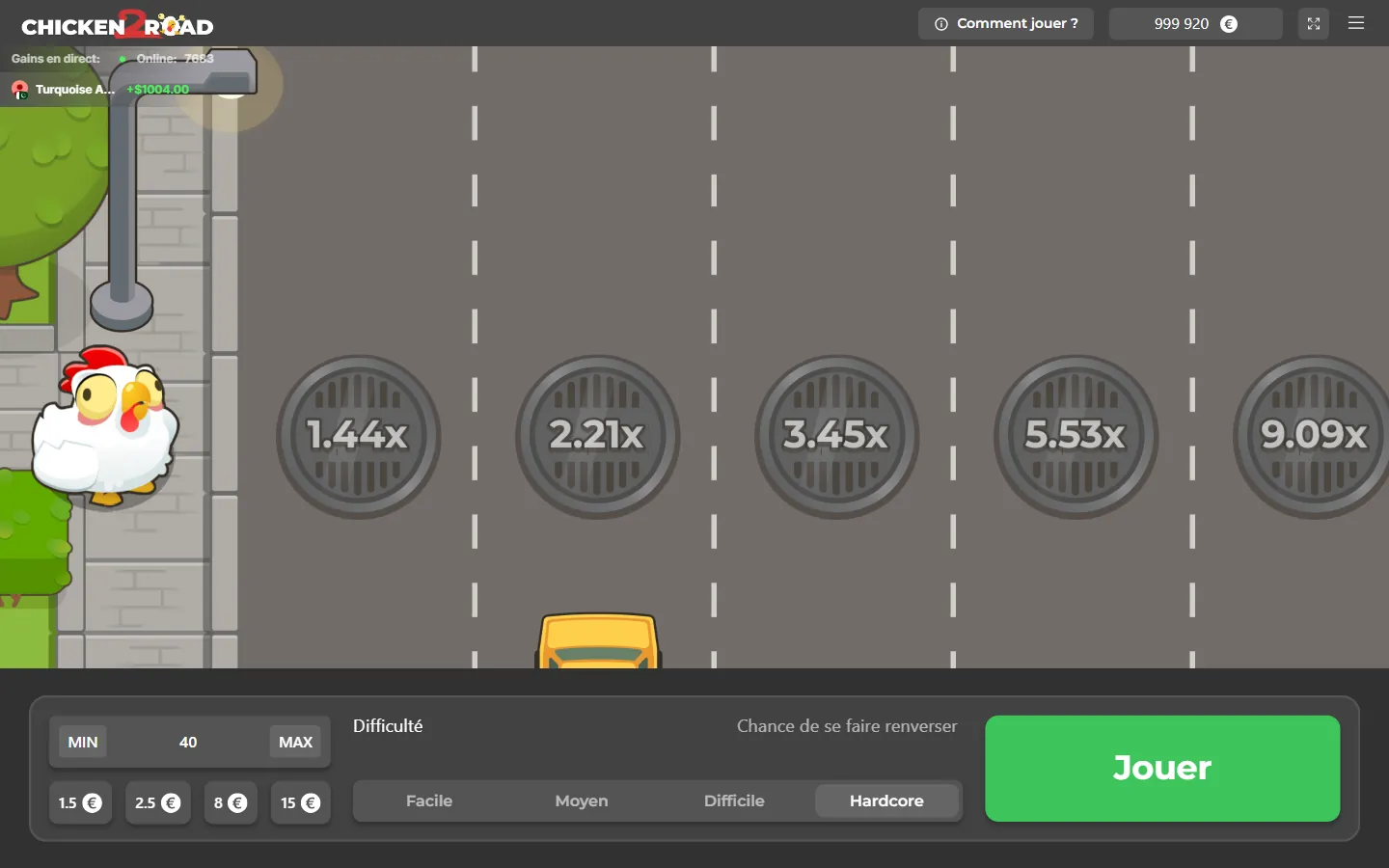 Chicken Road 2 démo, niveau Hardcore : 1,44x, 2,21x, 3,45x, 5,53x et 9,09x sur les cinq premières voies