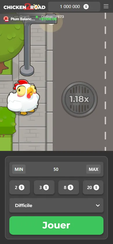 Démo de Chicken Road 2 sur téléphone : route, mise et bouton Jouer